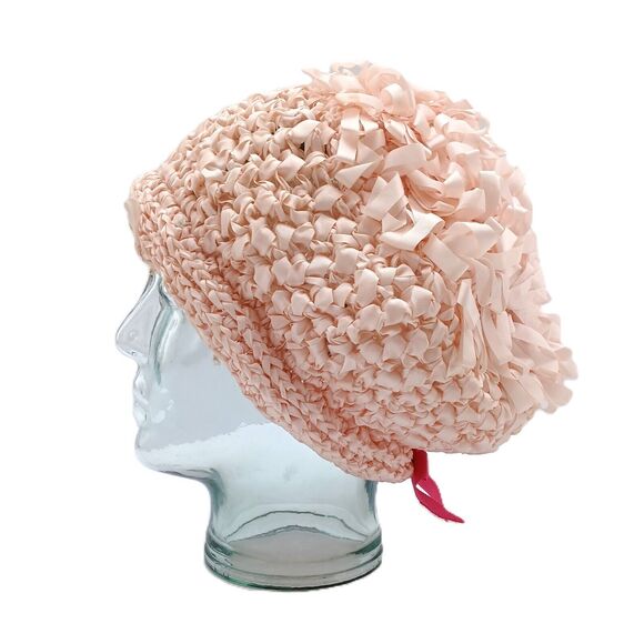 VTG Peach Knit Flapper Bonnet Hat Grosgrain Ribbon 1920s Beach Style Cap - Picture 4 of 11